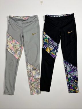 Nike Girls' Floral-Panel Athletic Leggings - Gray & Black size M